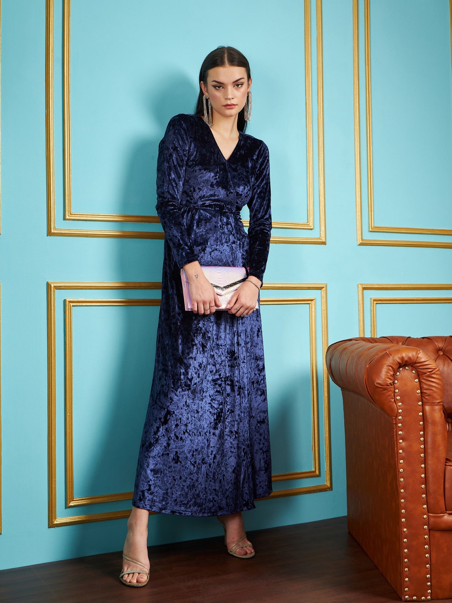 Navy Velvet Front Slit Maxi Dress