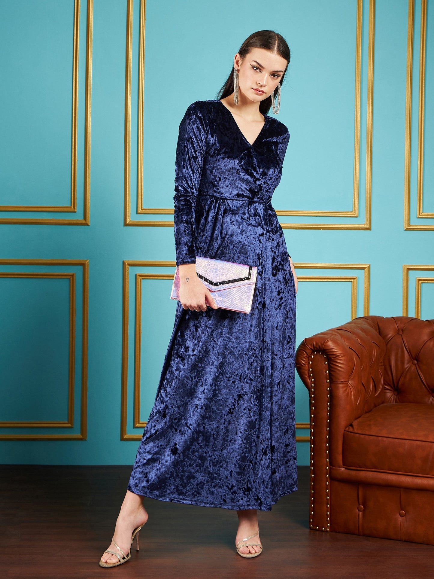 Navy Velvet Front Slit Maxi Dress