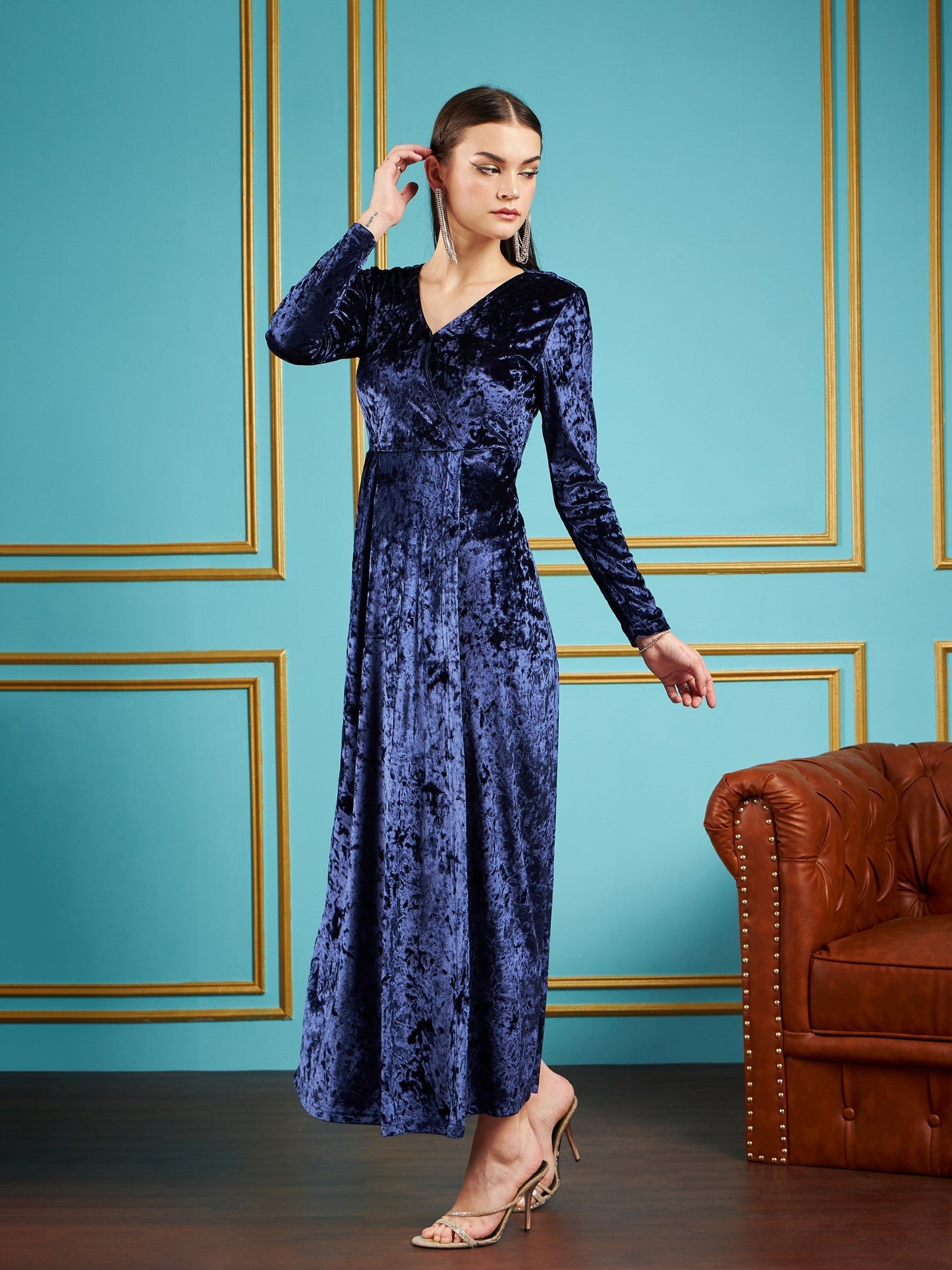 Navy Velvet Front Slit Maxi Dress