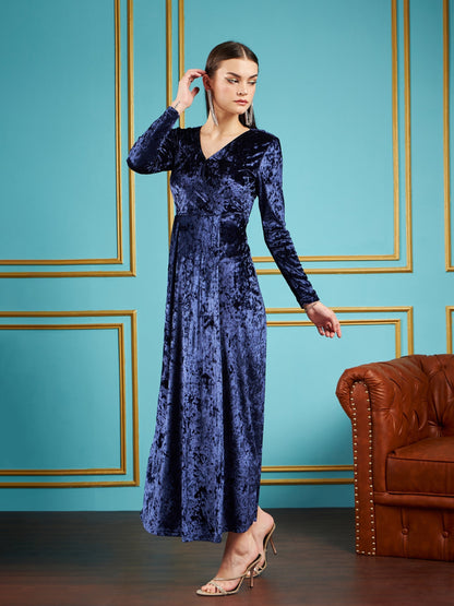 Navy Velvet Front Slit Maxi Dress