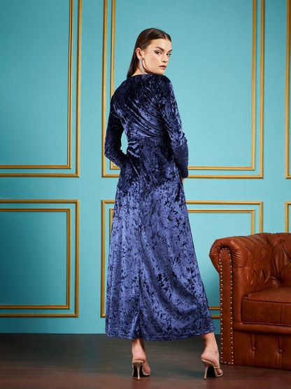 Navy Velvet Front Slit Maxi Dress