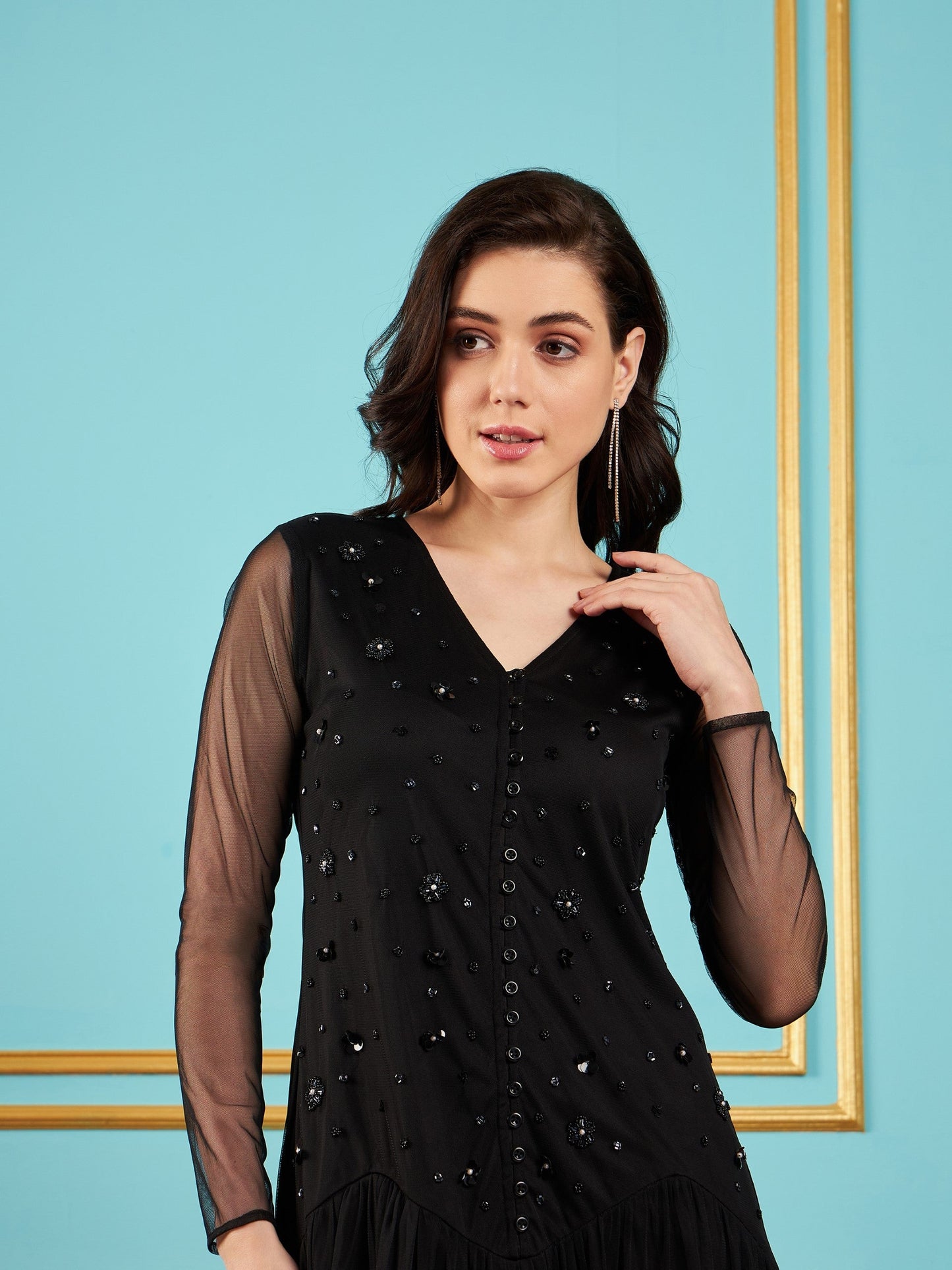 Black Embellished Fit & Flare Midi Dress