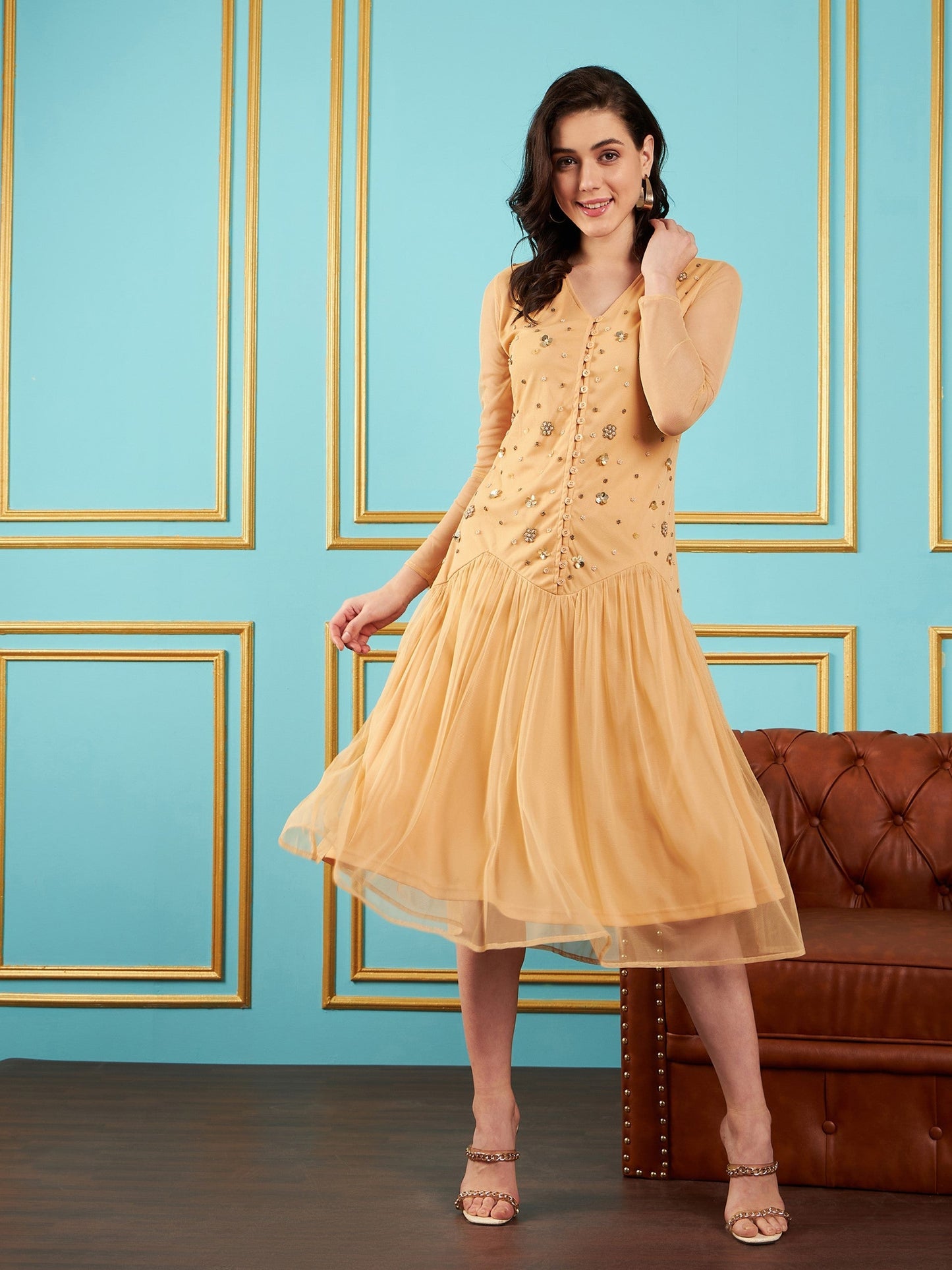 Beige Embellished Fit & Flare Midi Dress