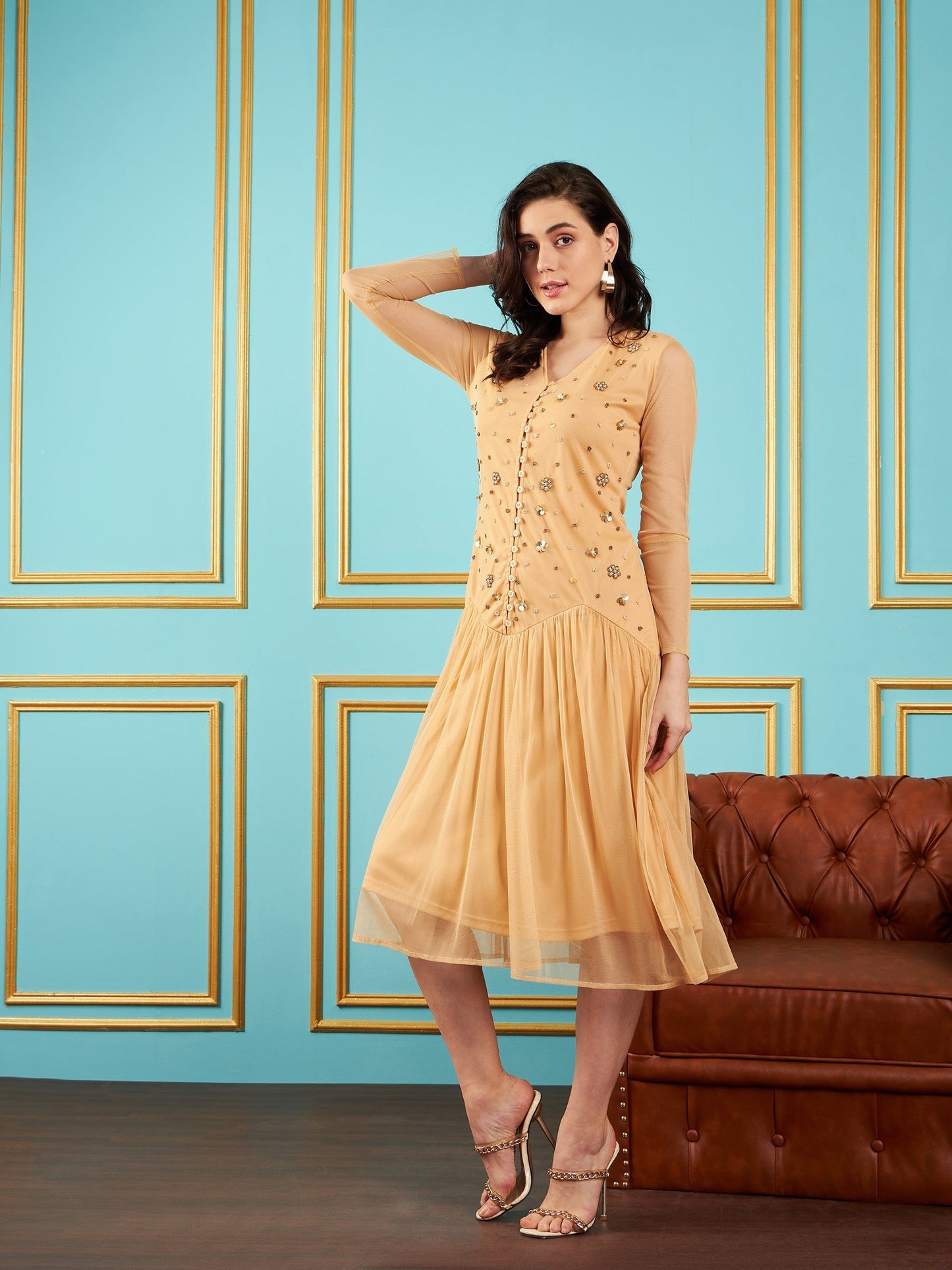 Beige Embellished Fit & Flare Midi Dress