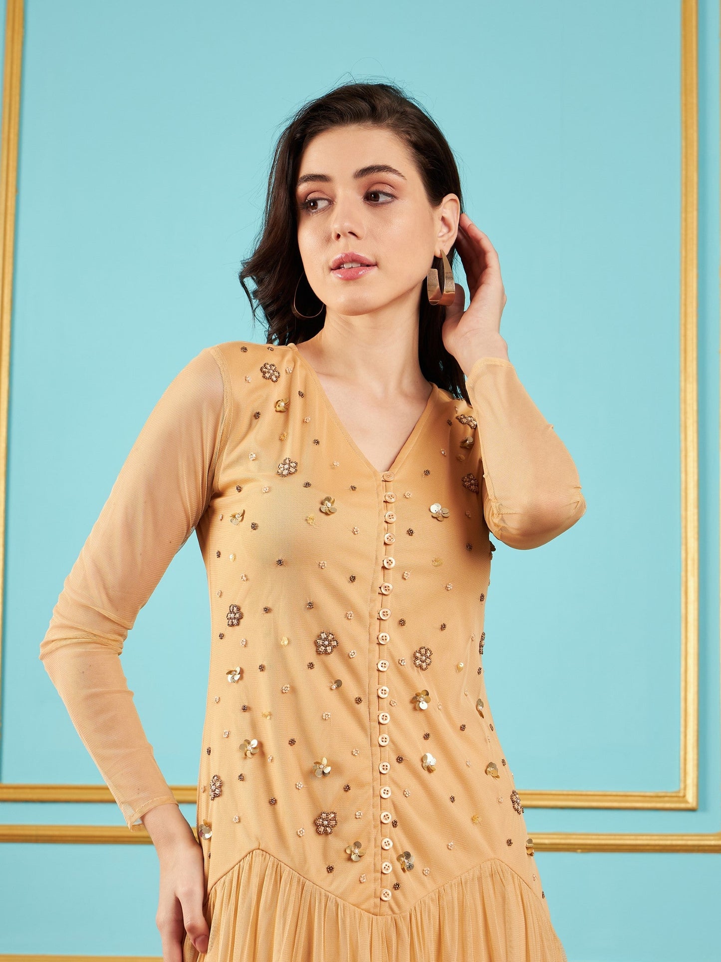 Beige Embellished Fit & Flare Midi Dress
