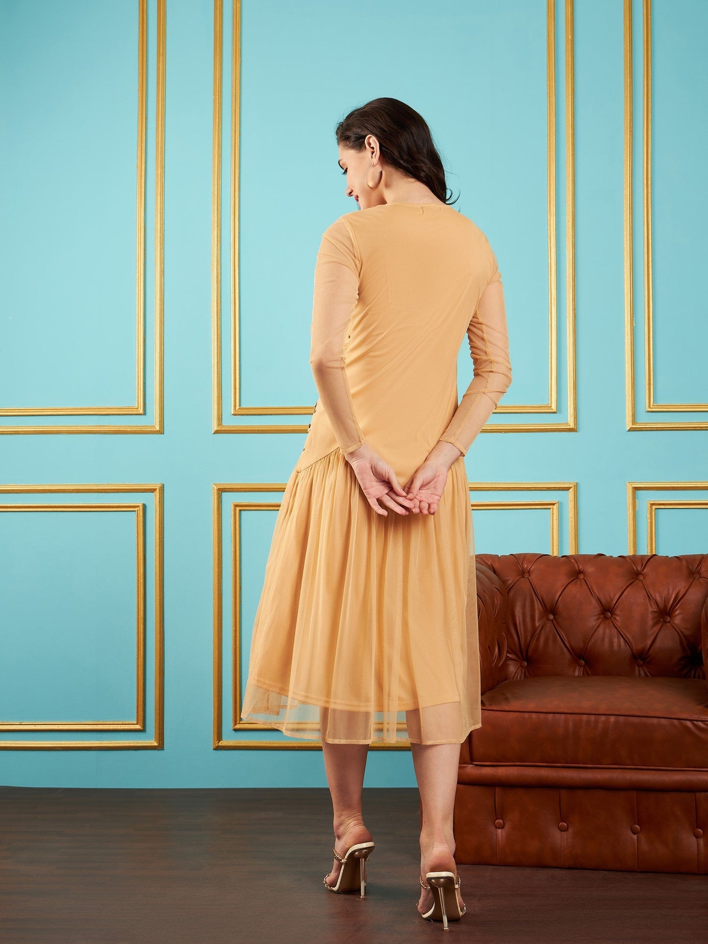 Beige Embellished Fit & Flare Midi Dress