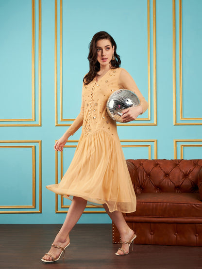 Beige Embellished Fit & Flare Midi Dress