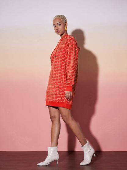 Red Terry Oversized Hoodie Dress