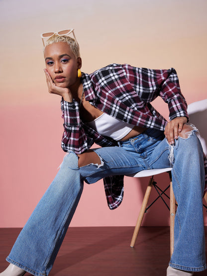 Maroon & White Check Lounge Shirt Dress