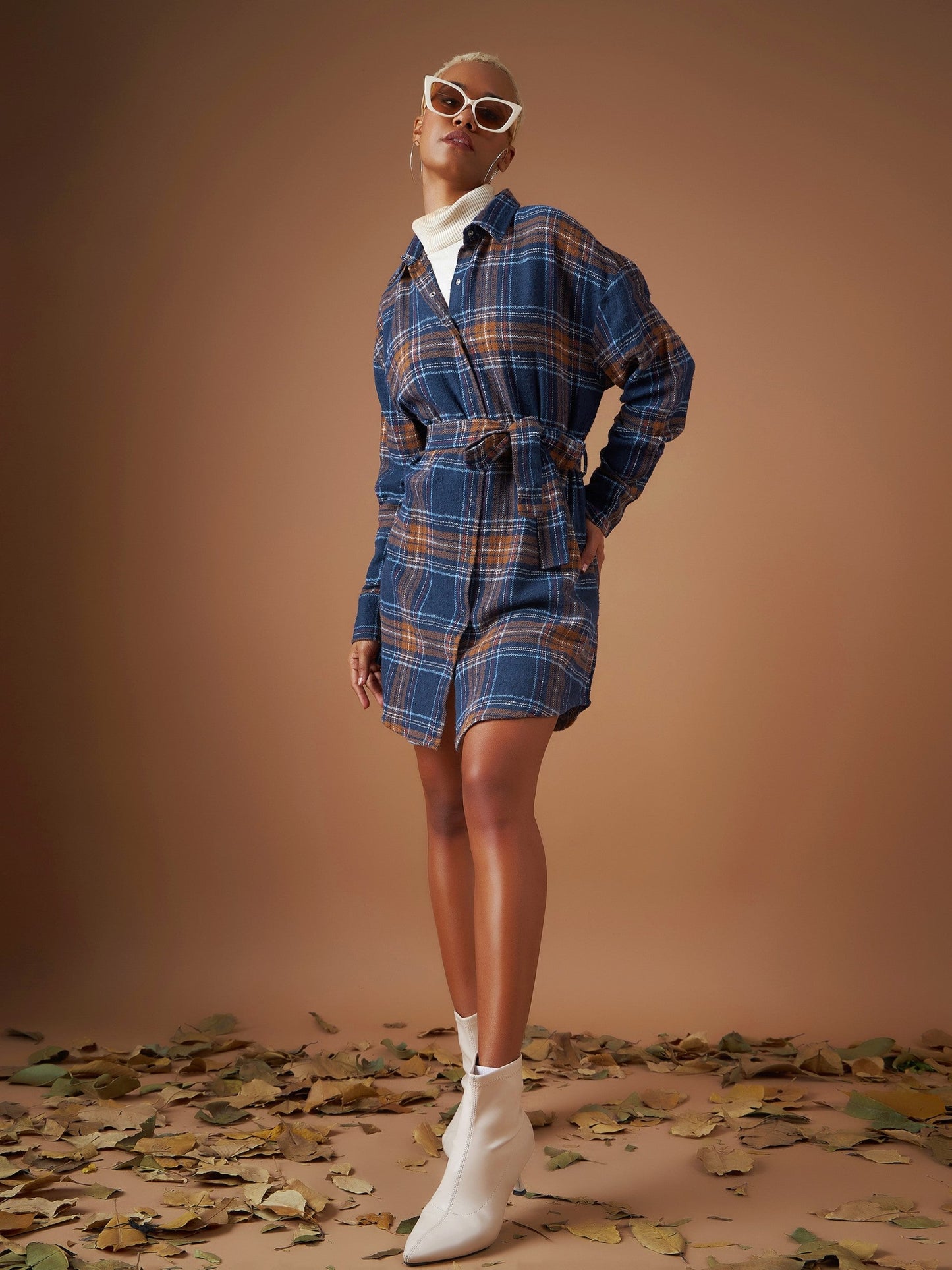 Navy Flannel Check Belted Shirt Dress
