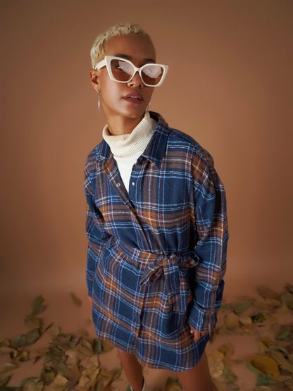 Navy Flannel Check Belted Shirt Dress