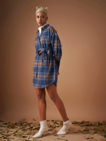 Navy Flannel Check Belted Shirt Dress