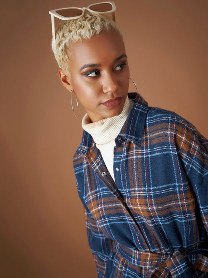 Navy Flannel Check Belted Shirt Dress