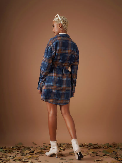 Navy Flannel Check Belted Shirt Dress