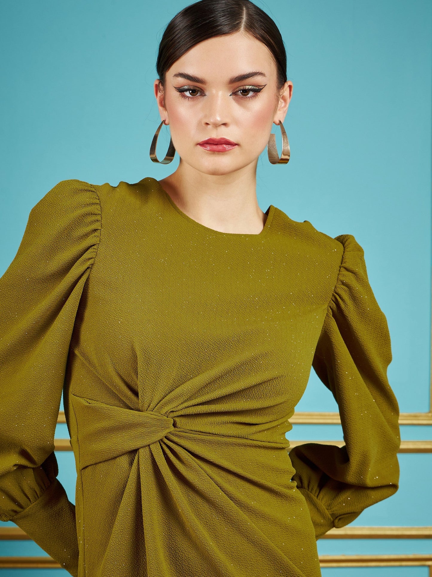 Olive Gliiter Puff Sleeves Short Bodycon Dress