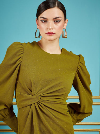 Olive Gliiter Puff Sleeves Short Bodycon Dress