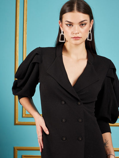 Black Gliiter Puff Sleeves Blazer Dress
