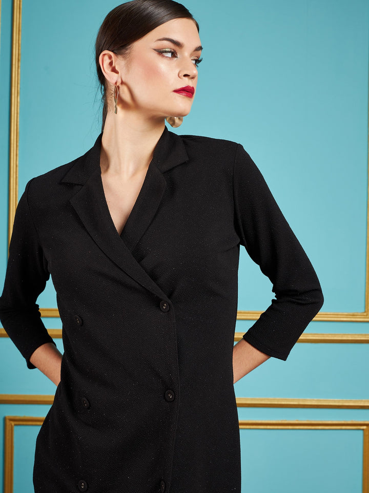 Women Black Glitter Double Breasted Blazer Dress