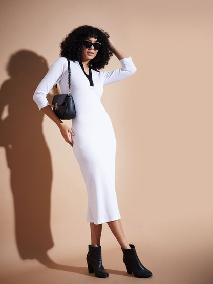 White Rib Contrast Collar Midi Dress