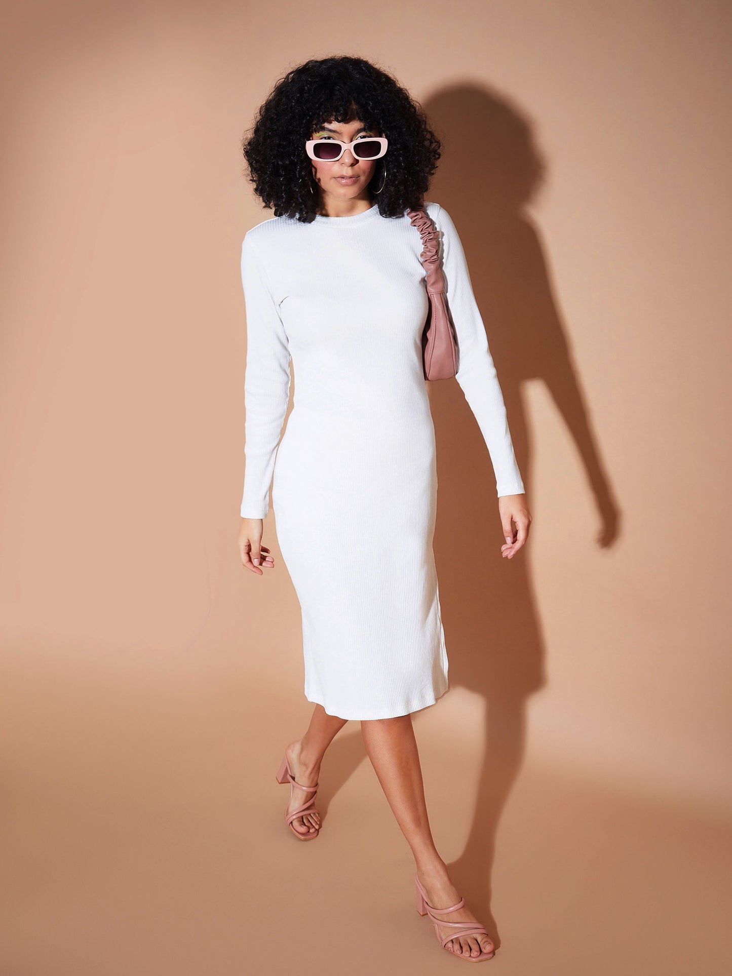 White Rib Side Slit Bodycon Midi Dress