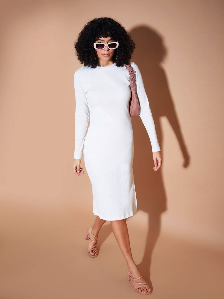 White Rib Side Slit Bodycon Midi Dress