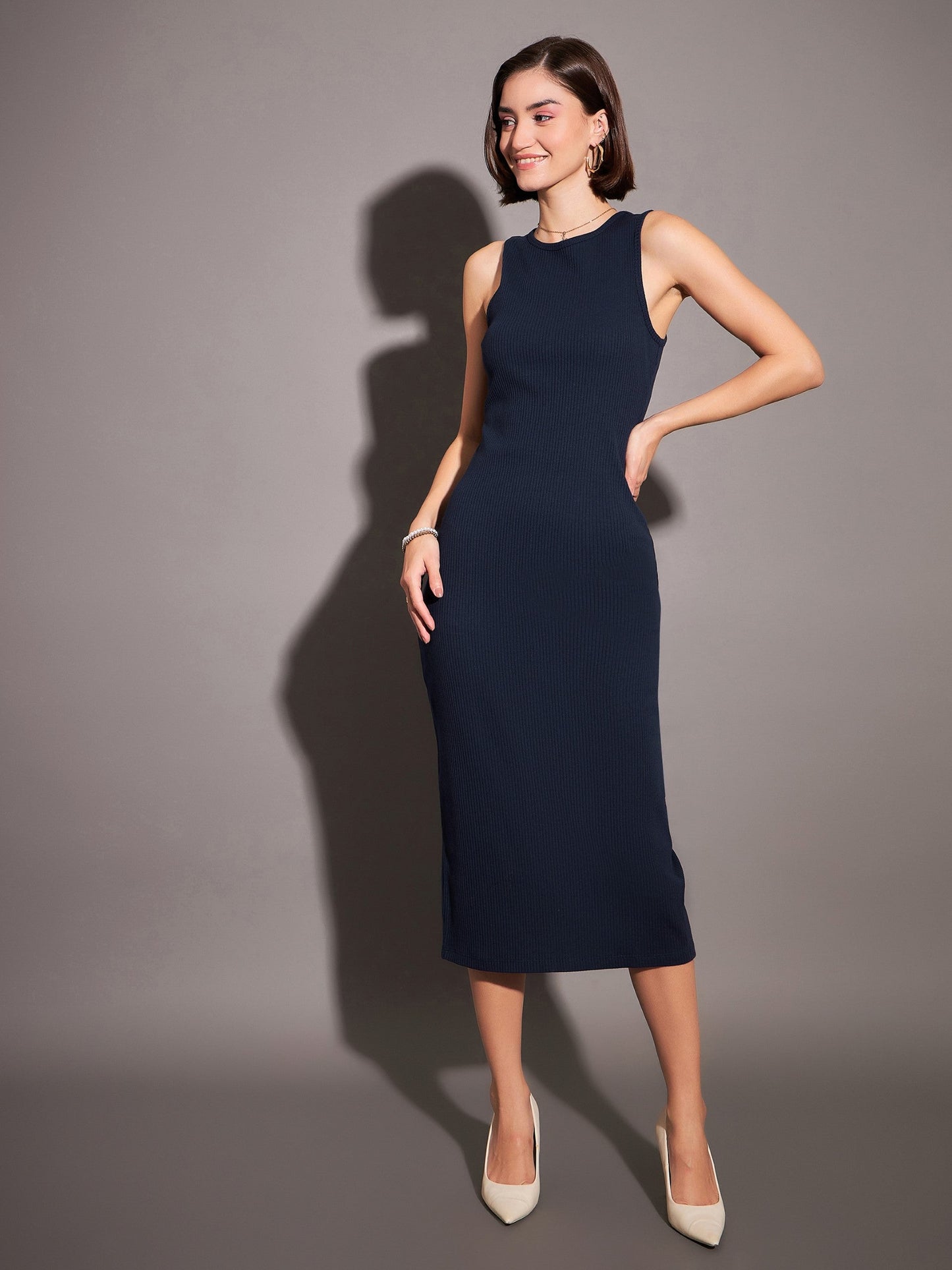 Women Navy Rib Sleeveless Bodycon Dress