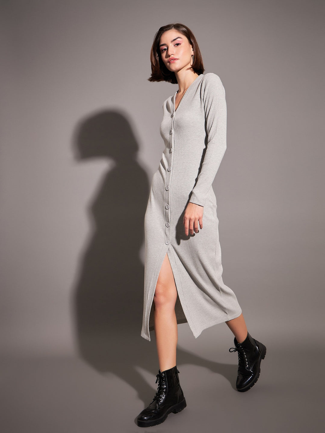 Women's Women Grey Rib Front Button Midi Dress in Cotton by Sassafras for wholesale, bulk, supplier, manufacturer and wholesaler buyers from Trendphoria