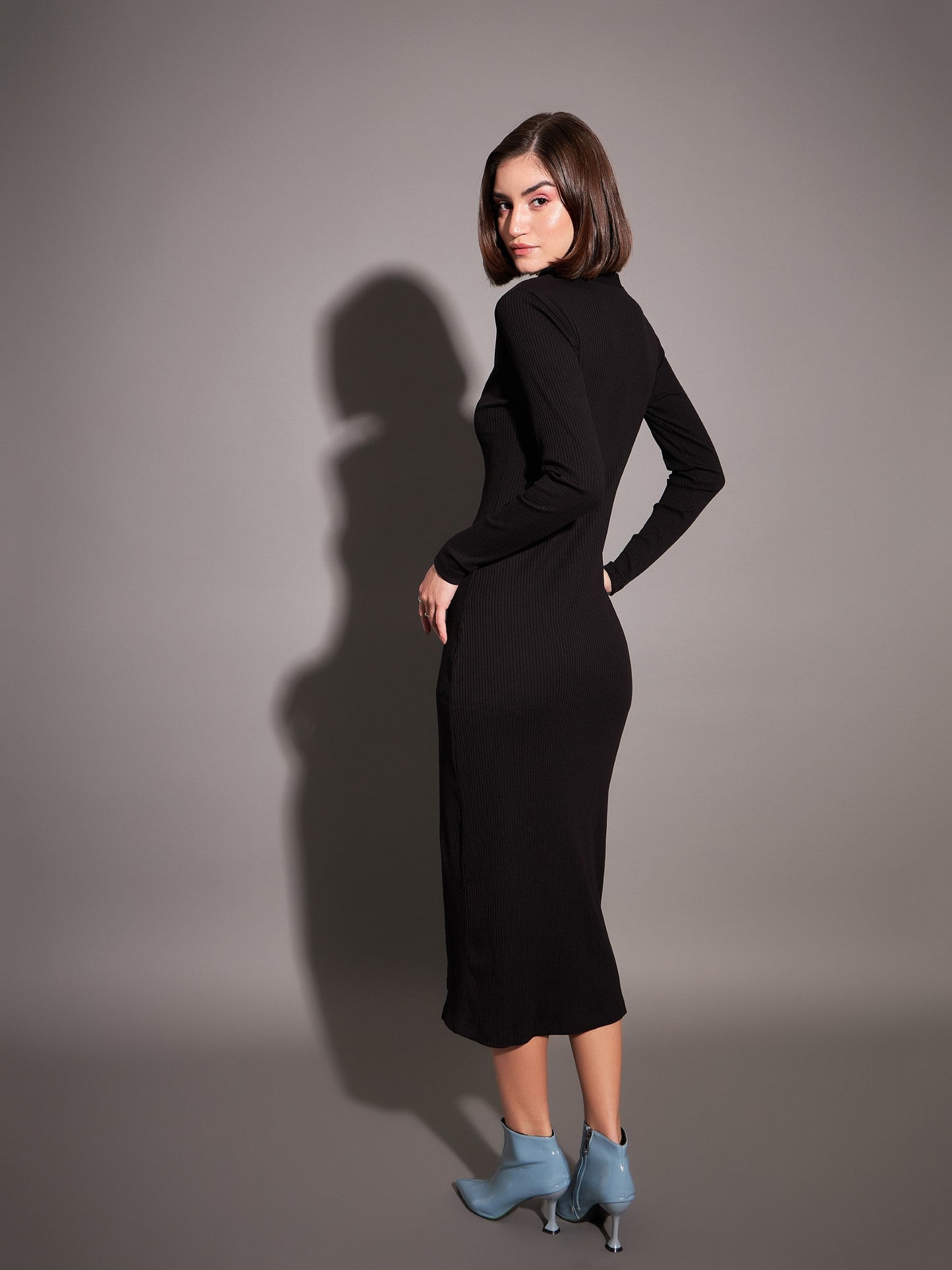 Women Black Rib Front Button Midi Dress