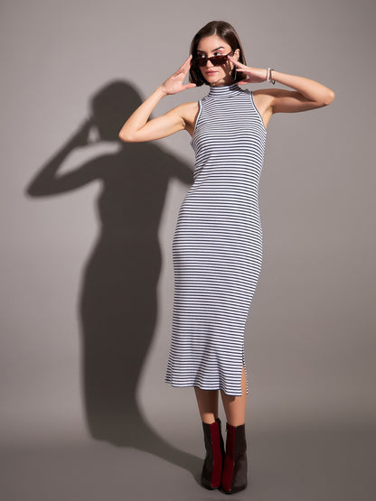 Women Navy & White Striped Rib Turtle Neck Sleeveless Dress