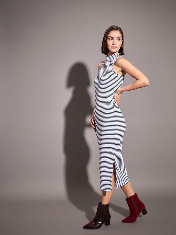 Women Navy &amp; White Striped Rib Turtle Neck Sleeveless Dress