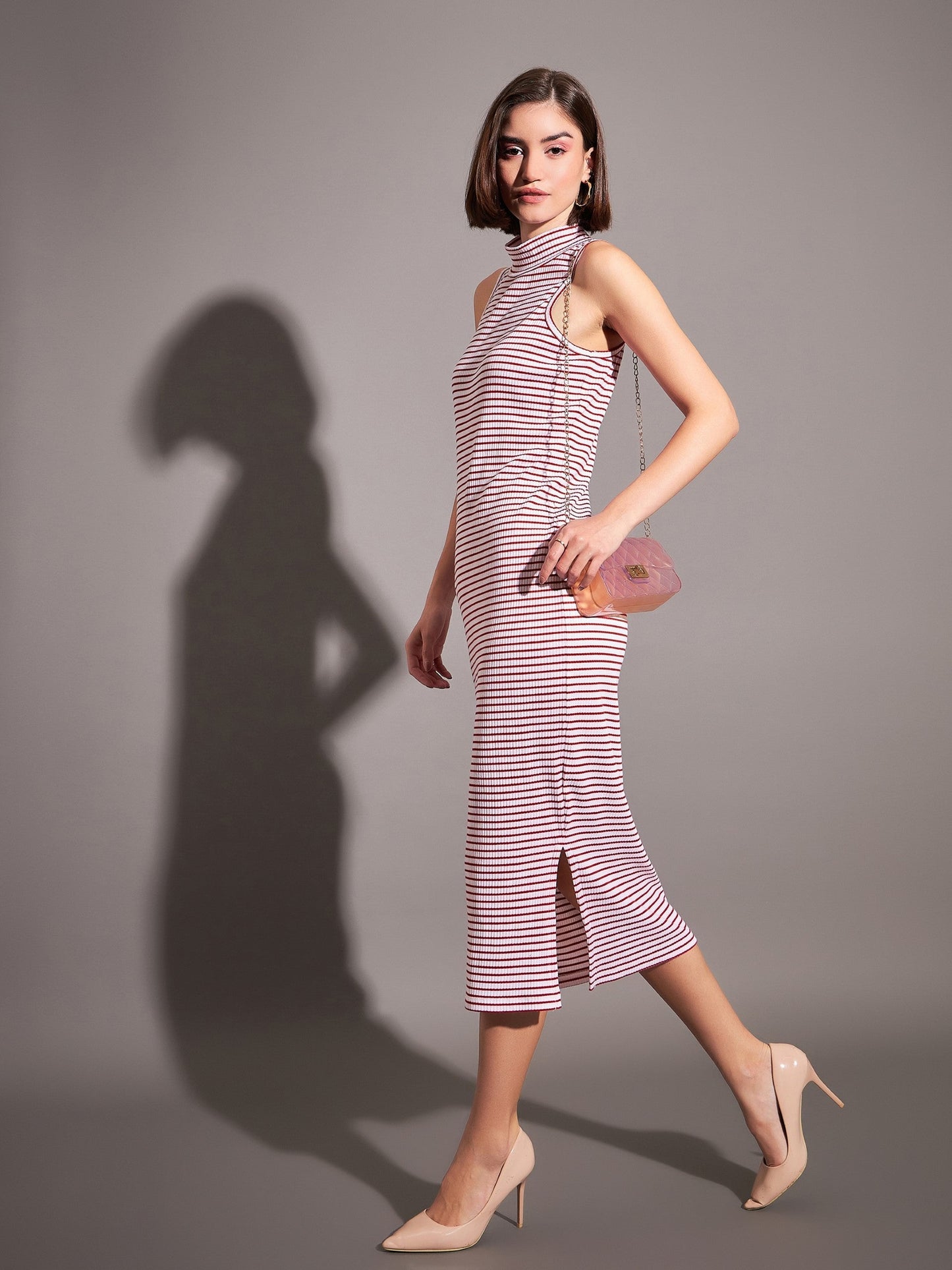 Red & White Striped Rib Turtle Neck Sleeveless Dress
