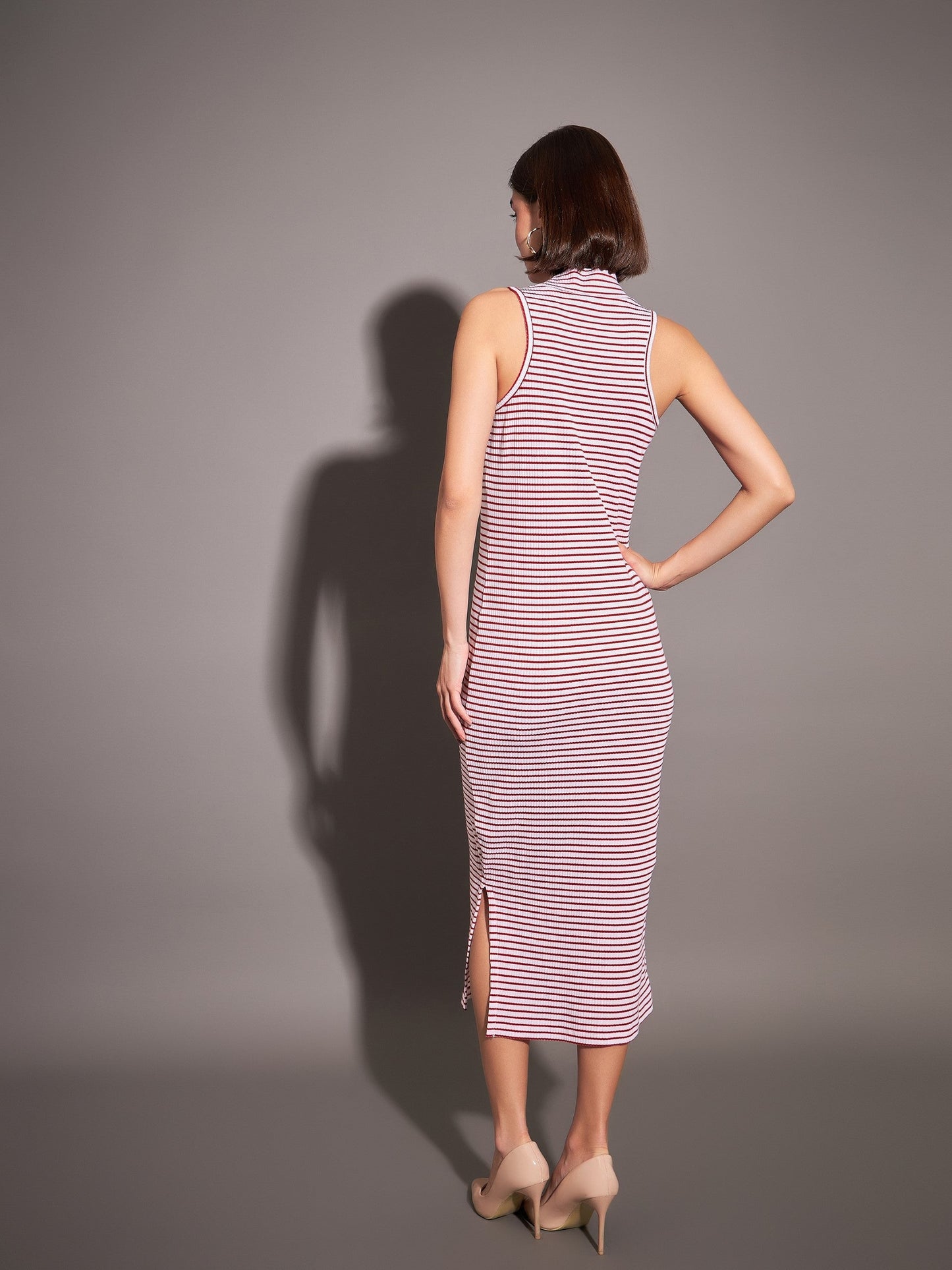 Red & White Striped Rib Turtle Neck Sleeveless Dress