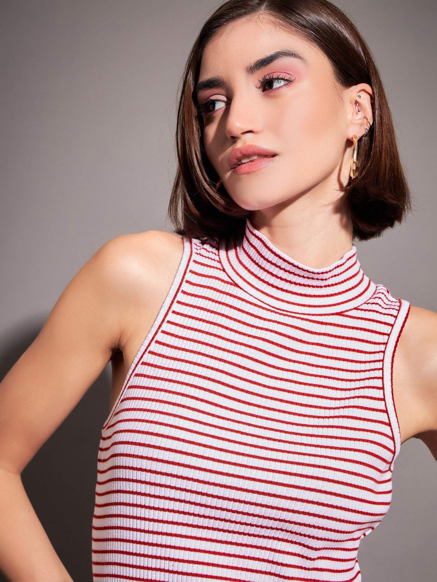 Red & White Striped Rib Turtle Neck Sleeveless Dress