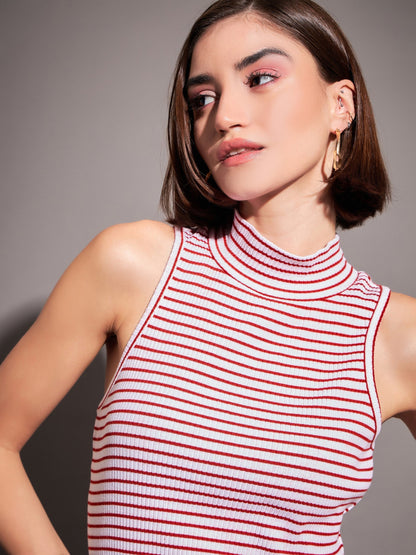 Red & White Striped Rib Turtle Neck Sleeveless Dress