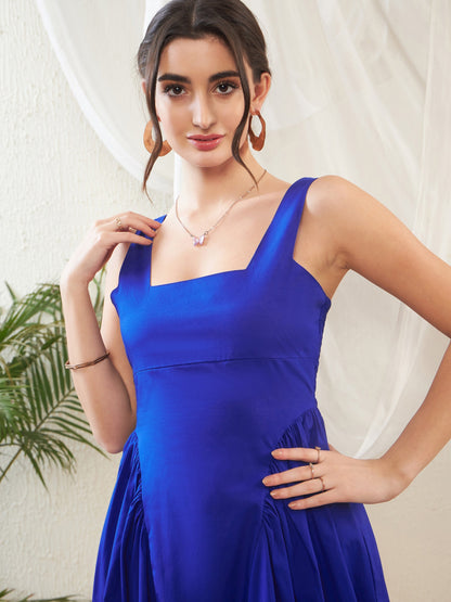 Women Royal Blue Poplin Smocked Back Skater Dress