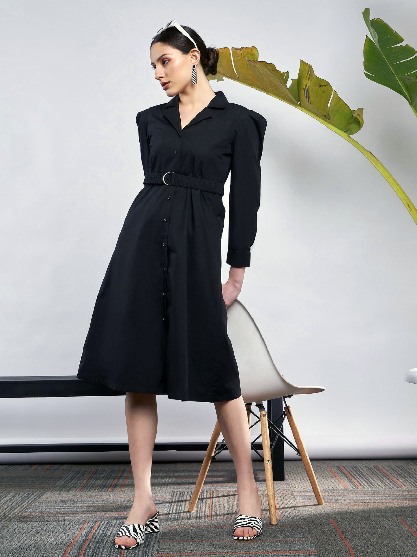 Black Poplin Ruched Belted Shirt Dress