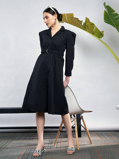 Black Poplin Ruched Belted Shirt Dress
