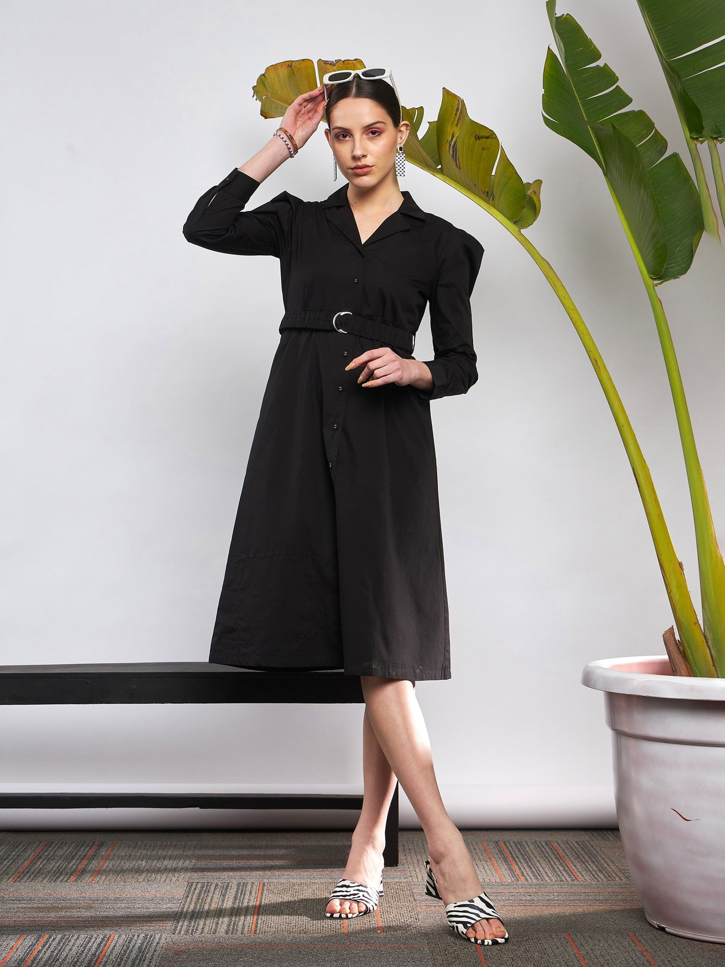 Black Poplin Ruched Belted Shirt Dress