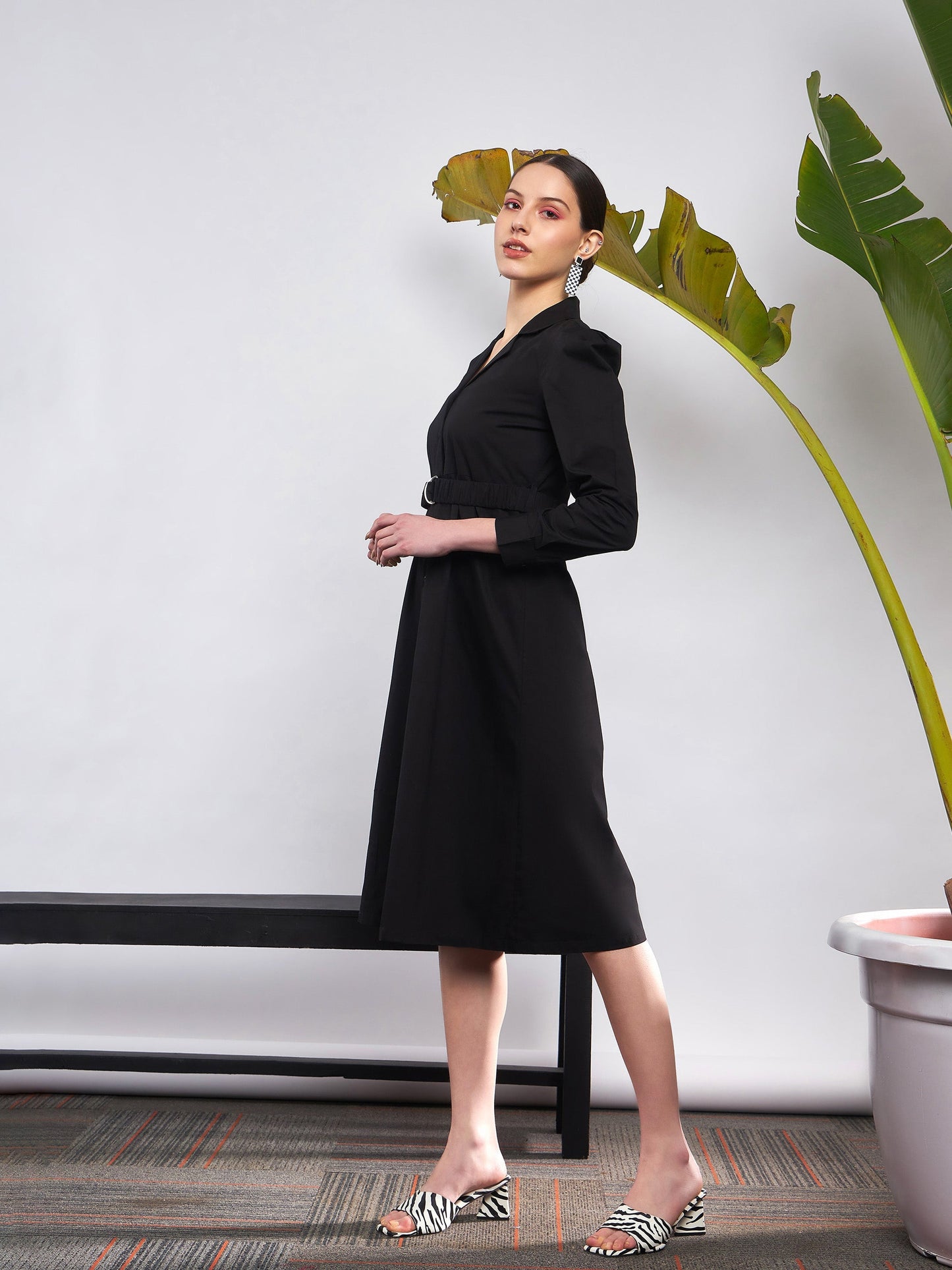 Black Poplin Ruched Belted Shirt Dress