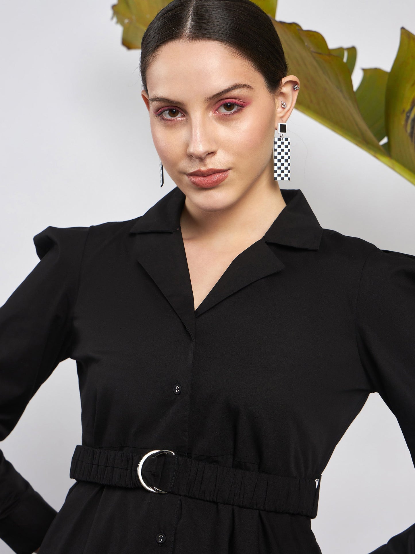 Black Poplin Ruched Belted Shirt Dress