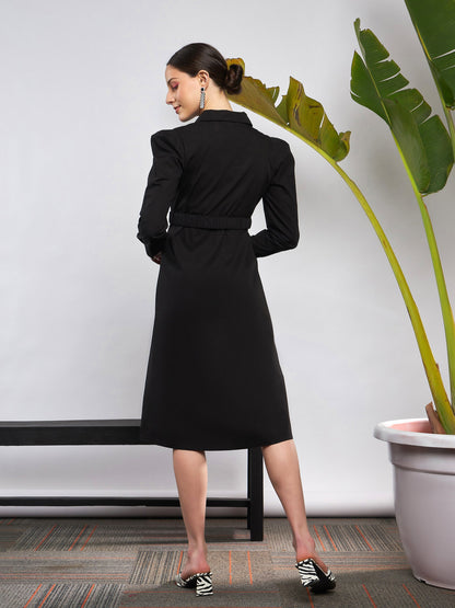 Black Poplin Ruched Belted Shirt Dress