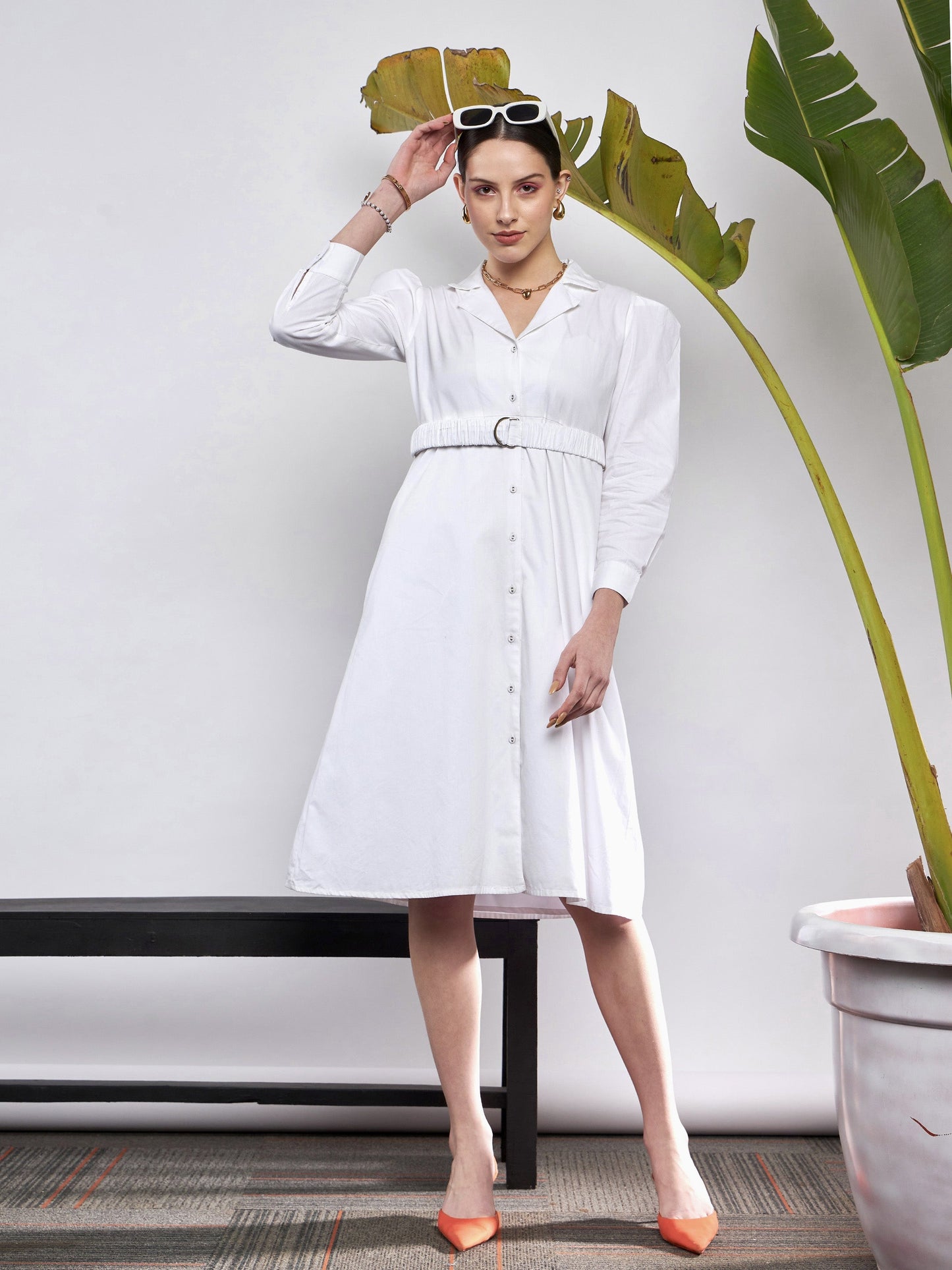 White Poplin Ruched Belted Shirt Dress