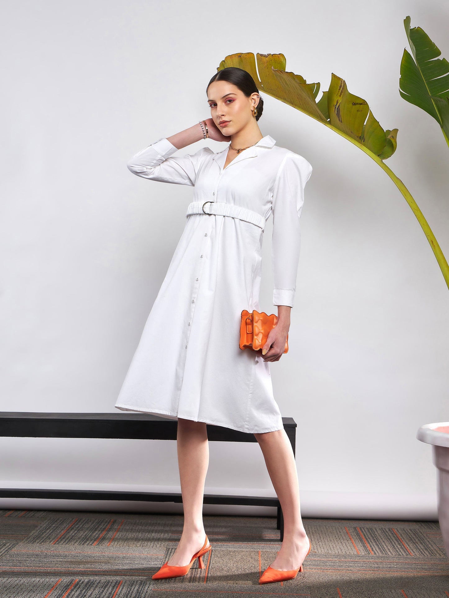White Poplin Ruched Belted Shirt Dress