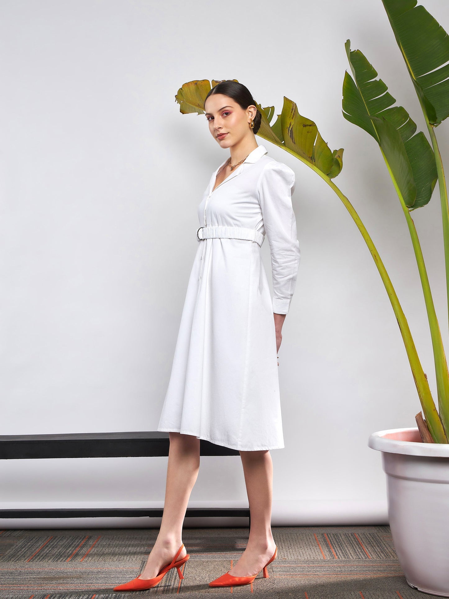 White Poplin Ruched Belted Shirt Dress
