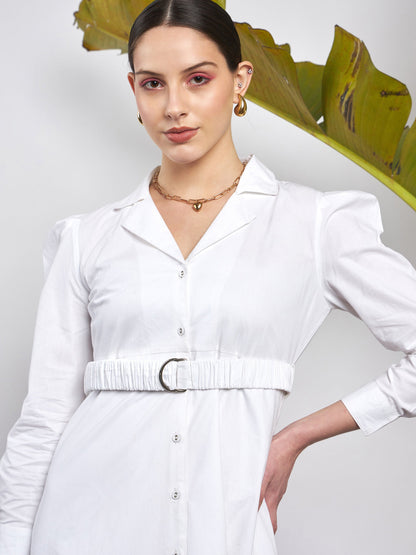 White Poplin Ruched Belted Shirt Dress