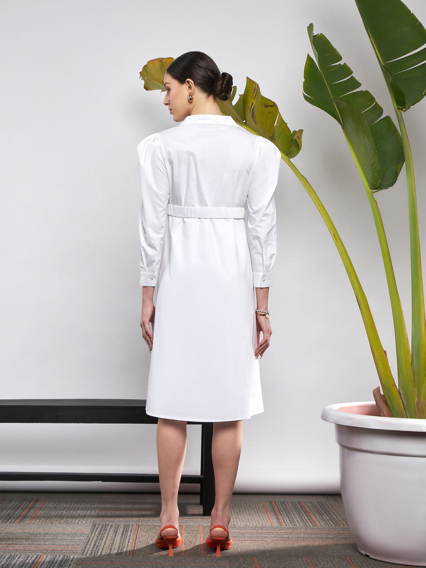 White Poplin Ruched Belted Shirt Dress