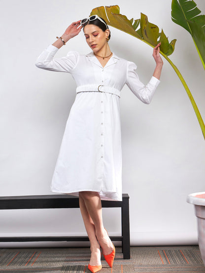 White Poplin Ruched Belted Shirt Dress