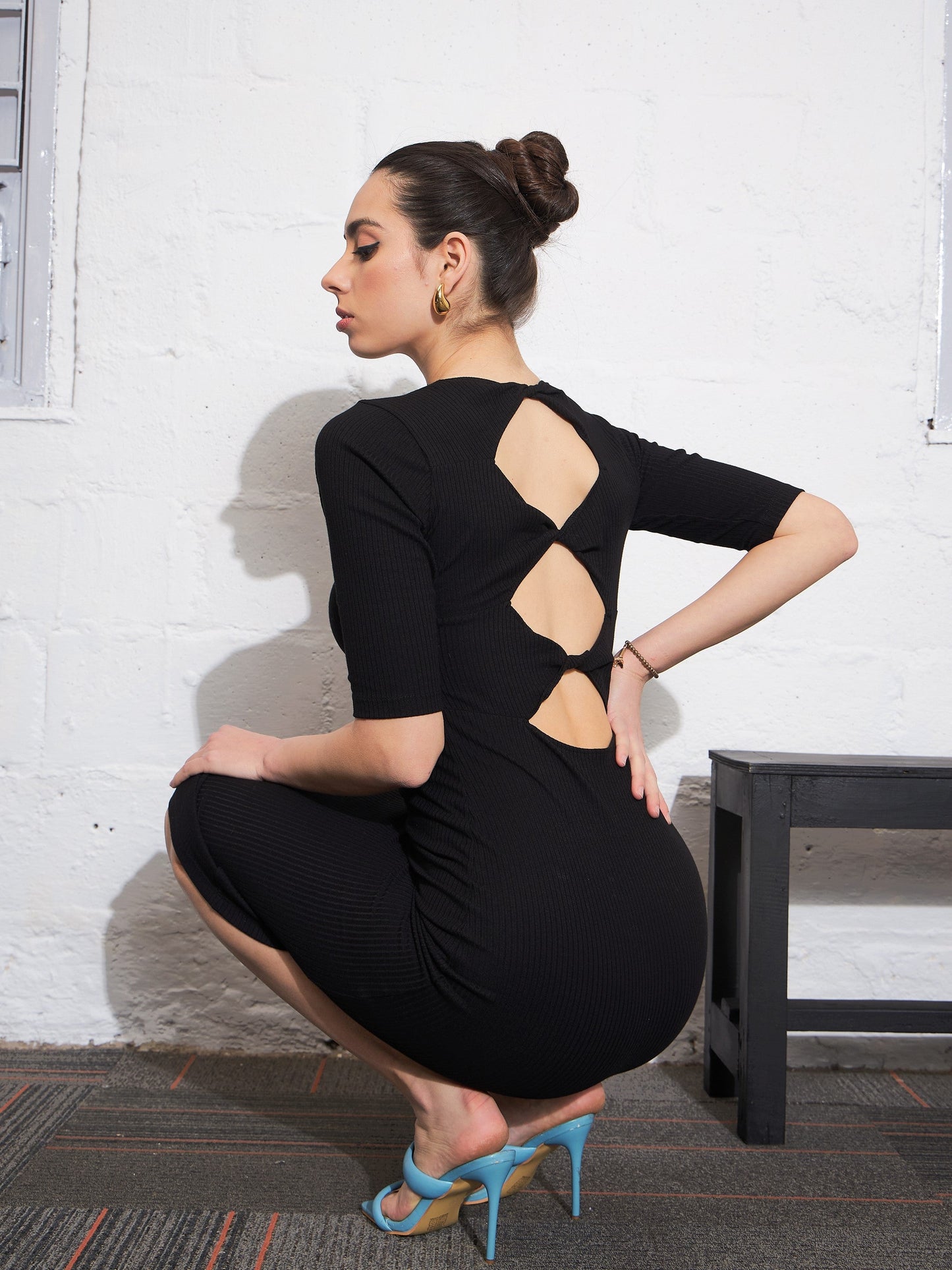 Black Rib Twisted Back Cut Out Bodycon Dress