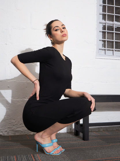 Black Rib Twisted Back Cut Out Bodycon Dress