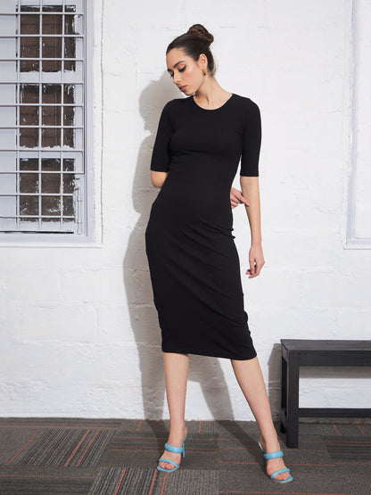 Black Rib Twisted Back Cut Out Bodycon Dress